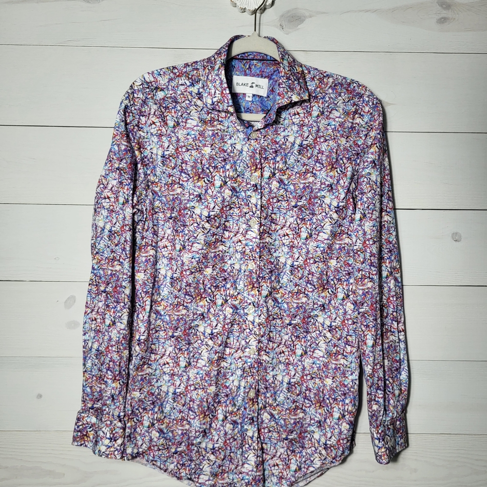 BLAKE MILL Men's Dress Shirt Abstract Graffiti Colorful Cotton Spring Wedding.